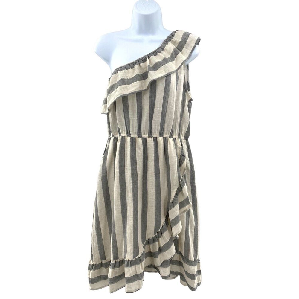 New Listicle Women's Medium Striped One Shoulder Pullover Dress With Ruffles